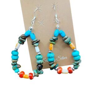 Southwest Beaded Turquoise Coral Hoop Earrings Dangle Sterling Silver 2.5" Long